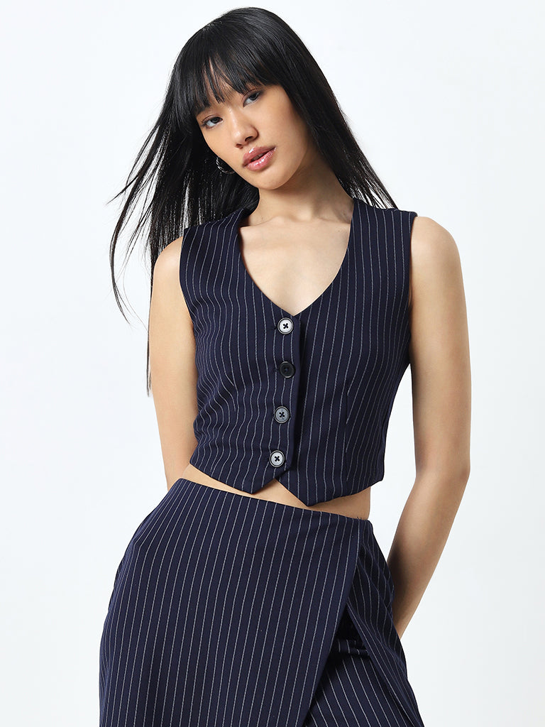 Nuon Navy Striped Waistcoat-Style Top