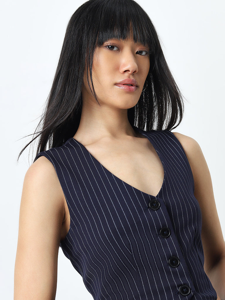 Nuon Navy Striped Waistcoat-Style Top