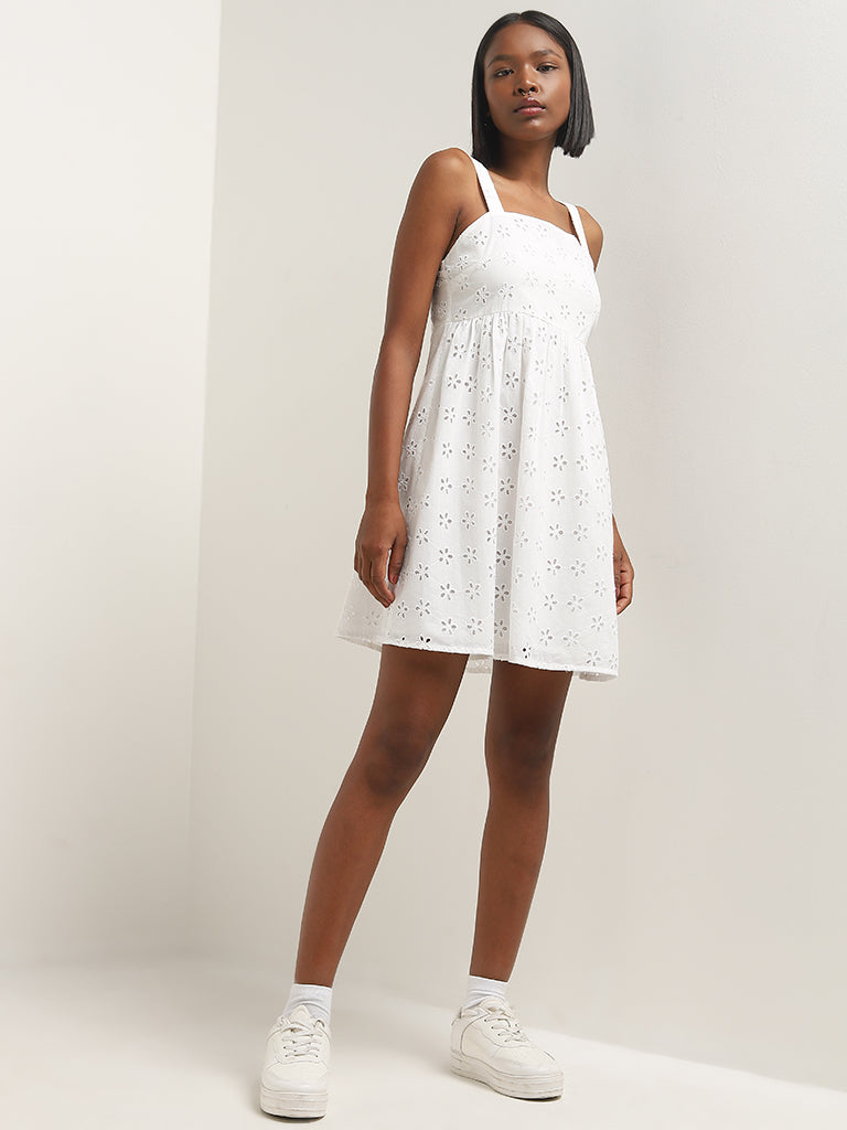 Nuon White Schiffli Design A-Line Cotton Dress