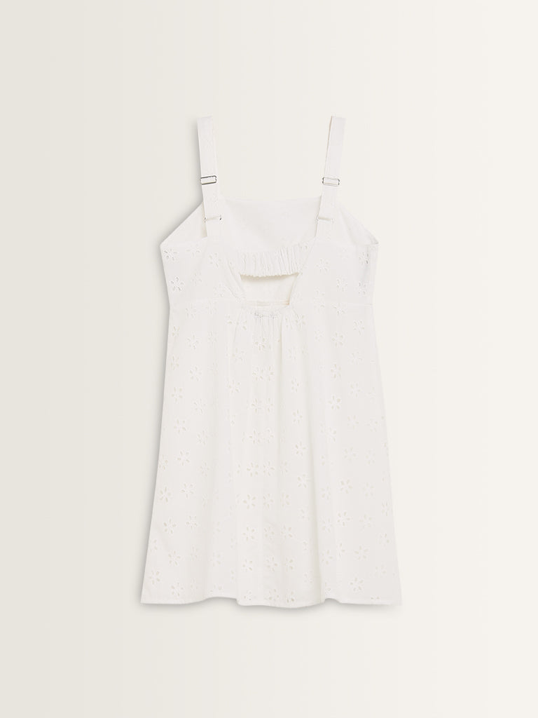 Nuon White Schiffli Design A-Line Cotton Dress