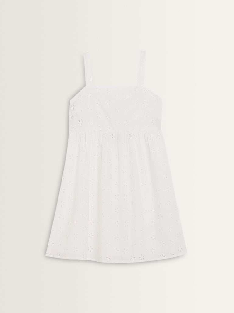 Nuon White Schiffli Design A-Line Cotton Dress