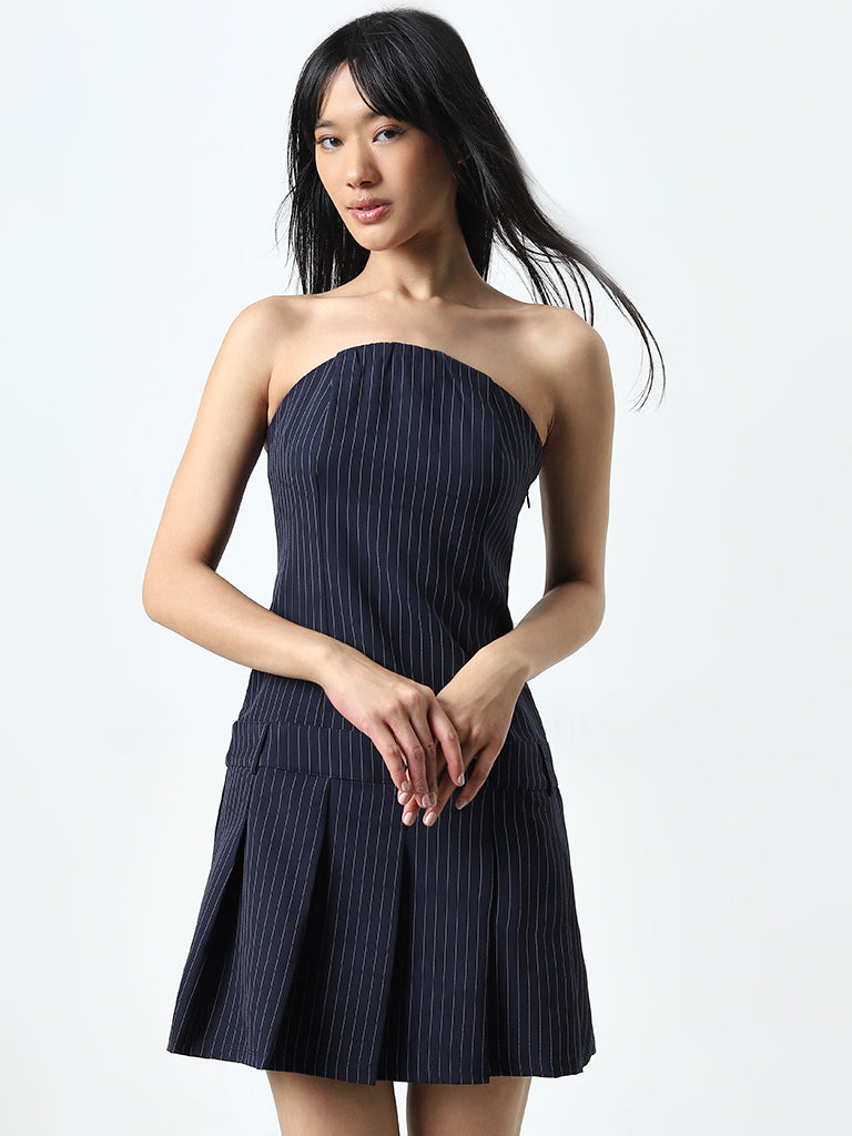 Nuon Navy Pinstriped Tube Cotton Blend Dress