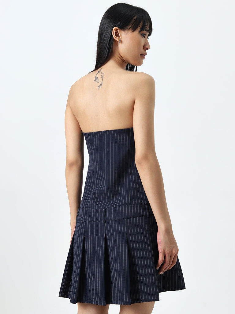 Nuon Navy Pinstriped Tube Cotton Blend Dress