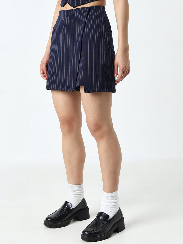 Nuon Navy Pinstripe Detailed High-Rise Skort