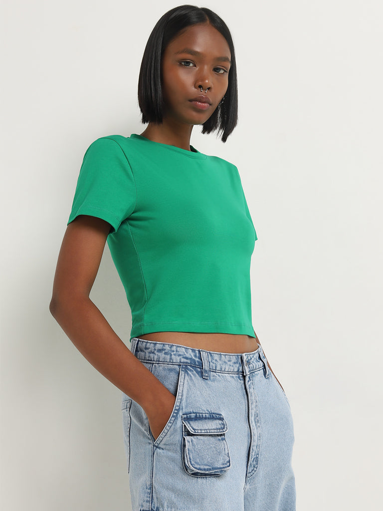 Nuon Green Solid Cotton Blend T-Shirt