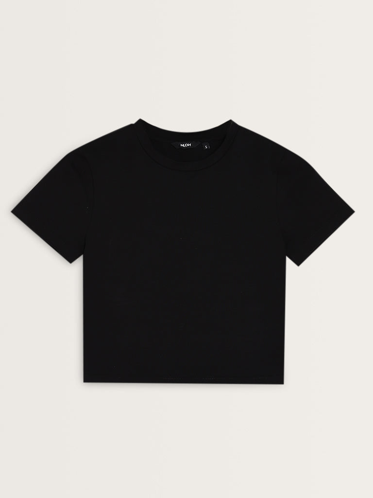 Nuon Black Solid Cotton Blend T-Shirt