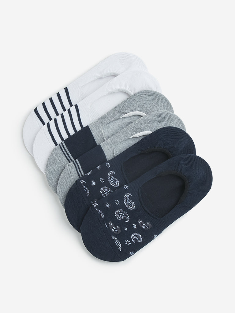 WES Lounge Navy Printed Invisible Socks - Pack of 3