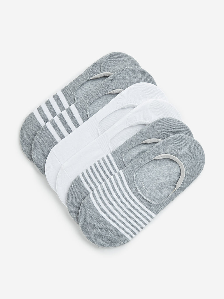 WES Lounge Grey Striped Printed Invisible Socks - Pack of 3