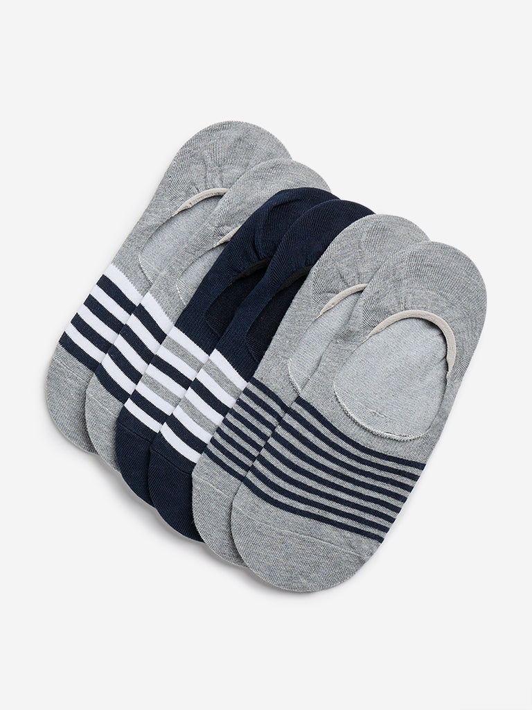 WES Lounge Grey Striped Invisible Socks - Pack of 3