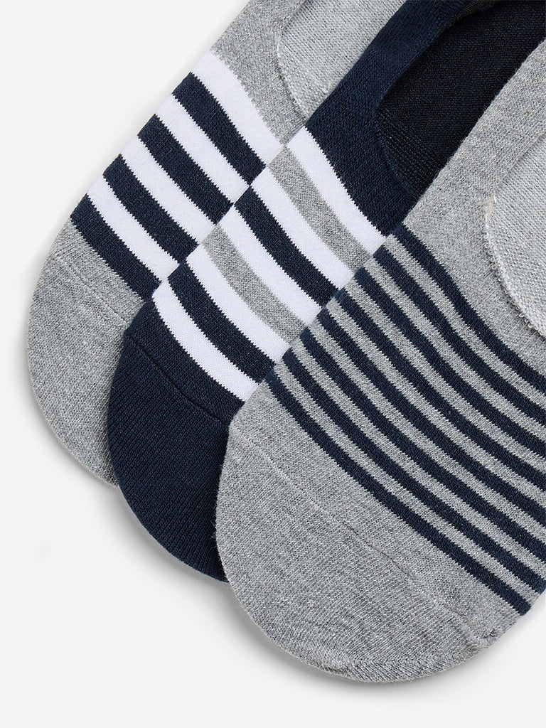 WES Lounge Grey Striped Invisible Socks - Pack of 3