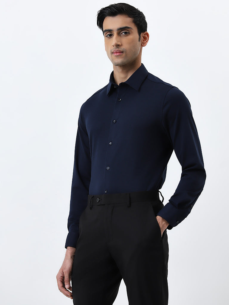 WES Formals Navy Slim-Fit Cotton-Blend Shirt