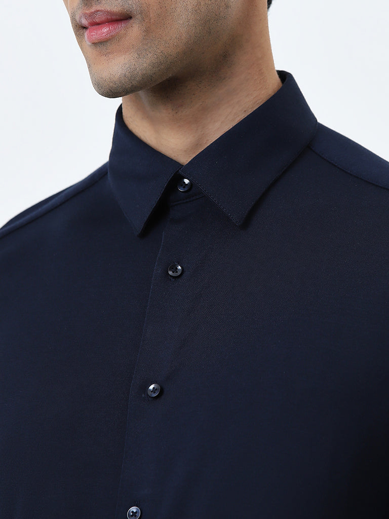 WES Formals Navy Slim-Fit Cotton-Blend Shirt