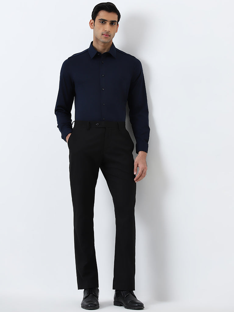 WES Formals Navy Slim-Fit Cotton-Blend Shirt