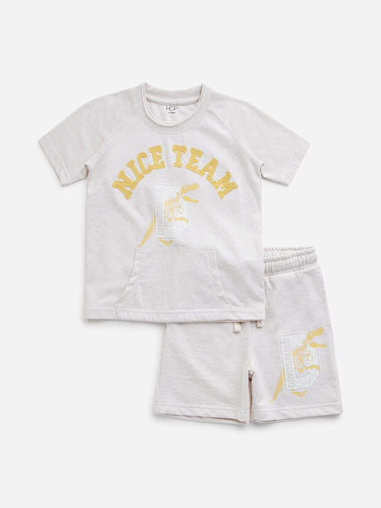 HOP Kids Beige Text Embroidered T-Shirt with Shorts Set