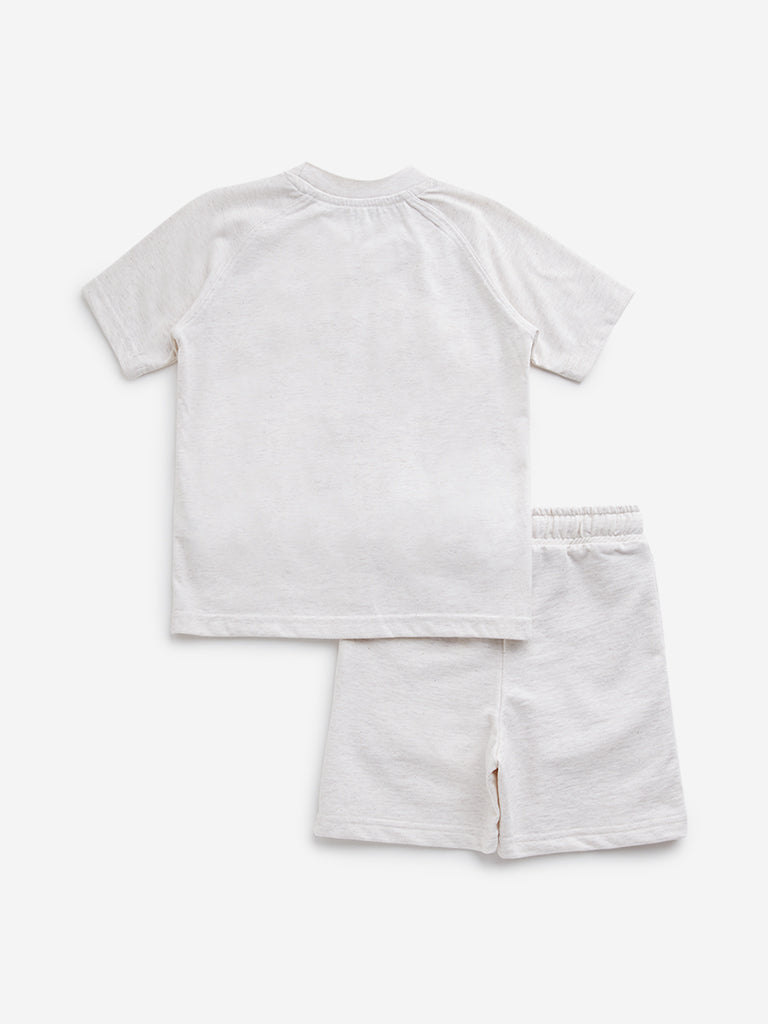 HOP Kids Beige Text Embroidered T-Shirt with Shorts Set