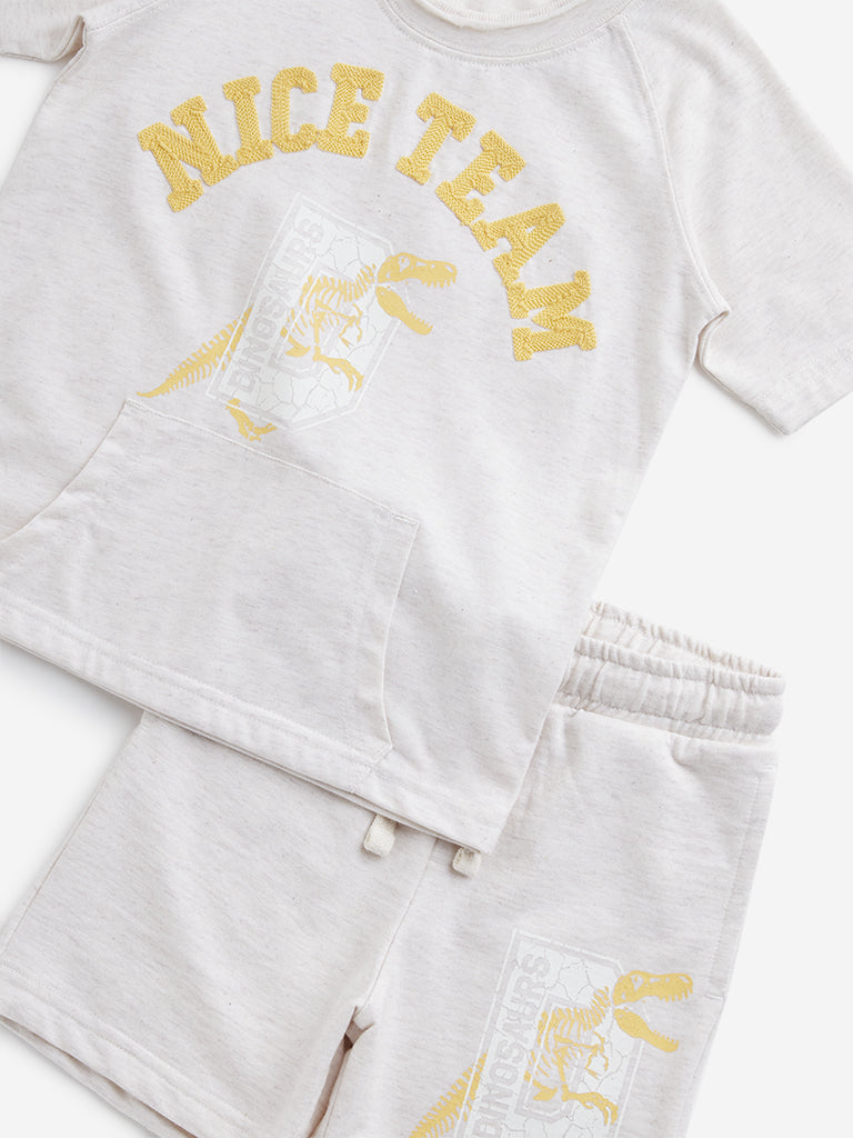 HOP Kids Beige Text Embroidered T-Shirt with Shorts Set