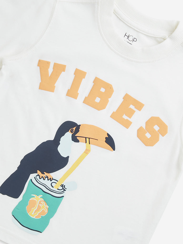 HOP Kids Off-White Bird Printed Cotton T-Shirt