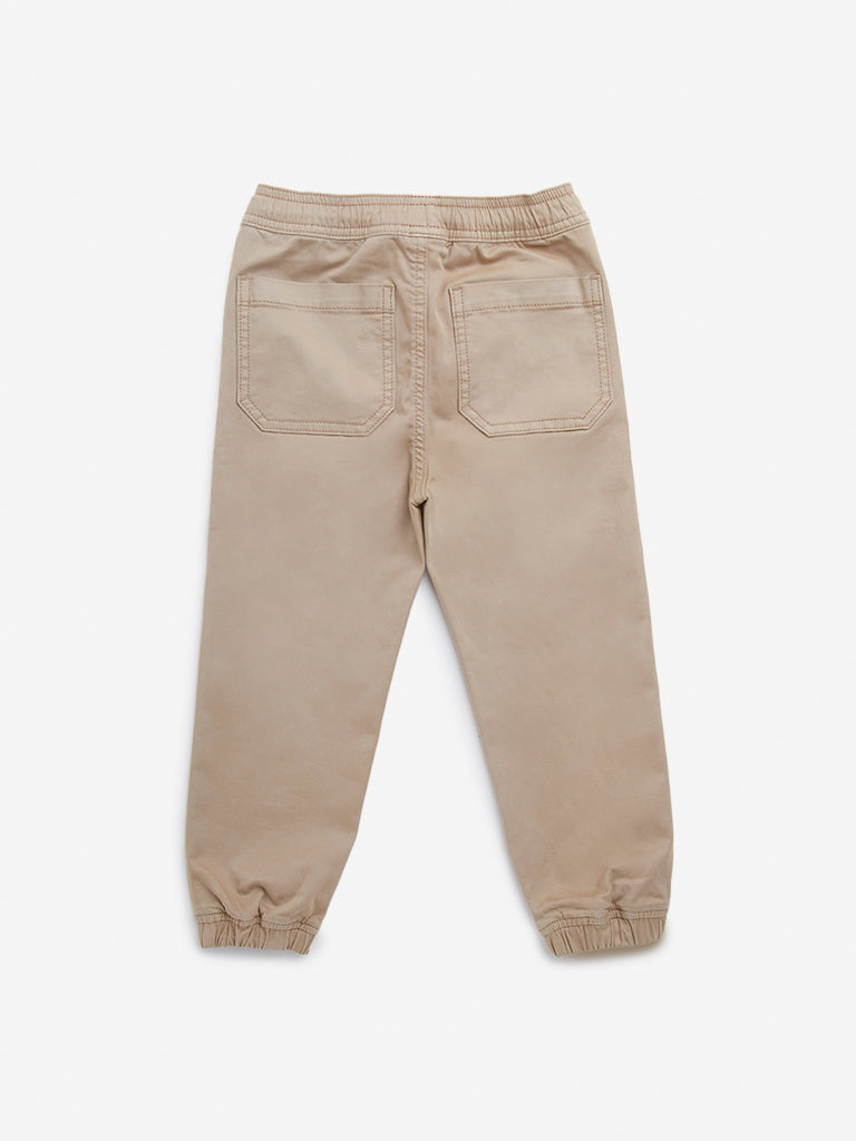 HOP Kids Taupe Solid Mid-Rise Cotton Blend Joggers