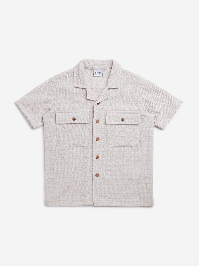 HOP Kids Beige Crinkle Resort-Fit Cotton Shirt