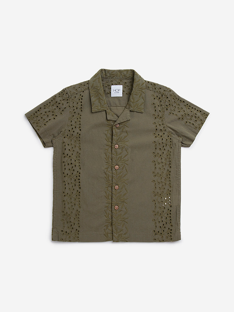 HOP Kids Olive Schiffli Design Resort-Fit Shirt