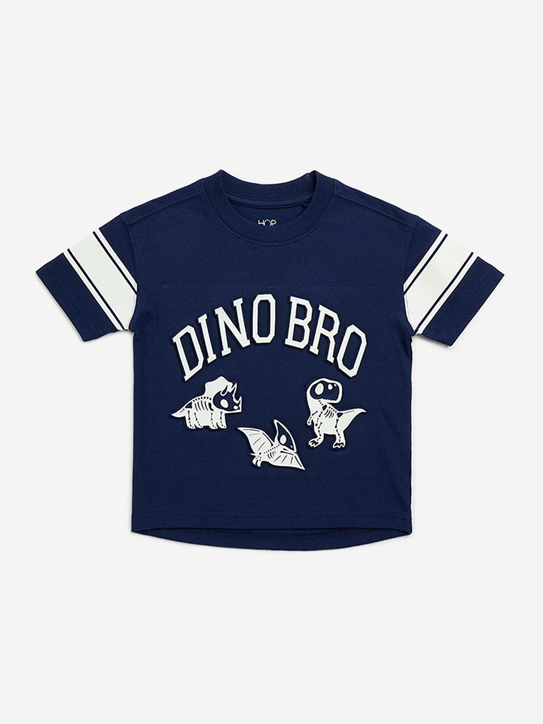 HOP Kids Navy Text Printed Cotton T-Shirt