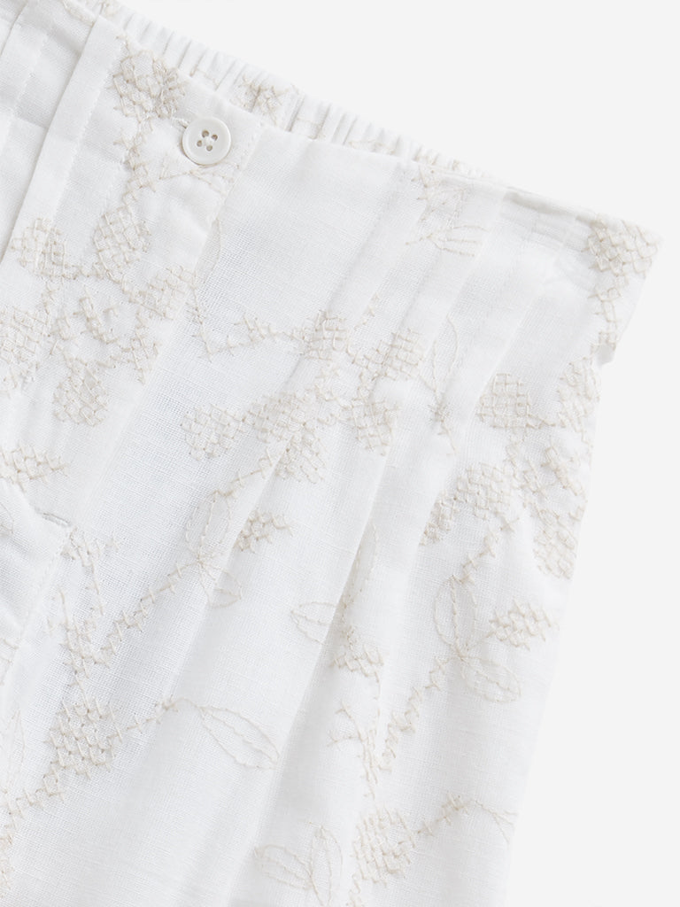 HOP Kids Off-White Leaf Embroidered High-Rise Cotton Blend Pants