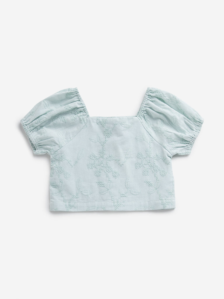 HOP Kids Mint Leaf Embroidered Cotton Blend Top