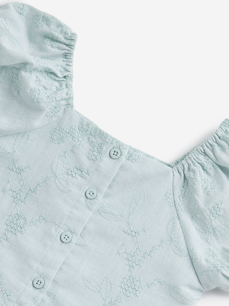 HOP Kids Mint Leaf Embroidered Cotton Blend Top