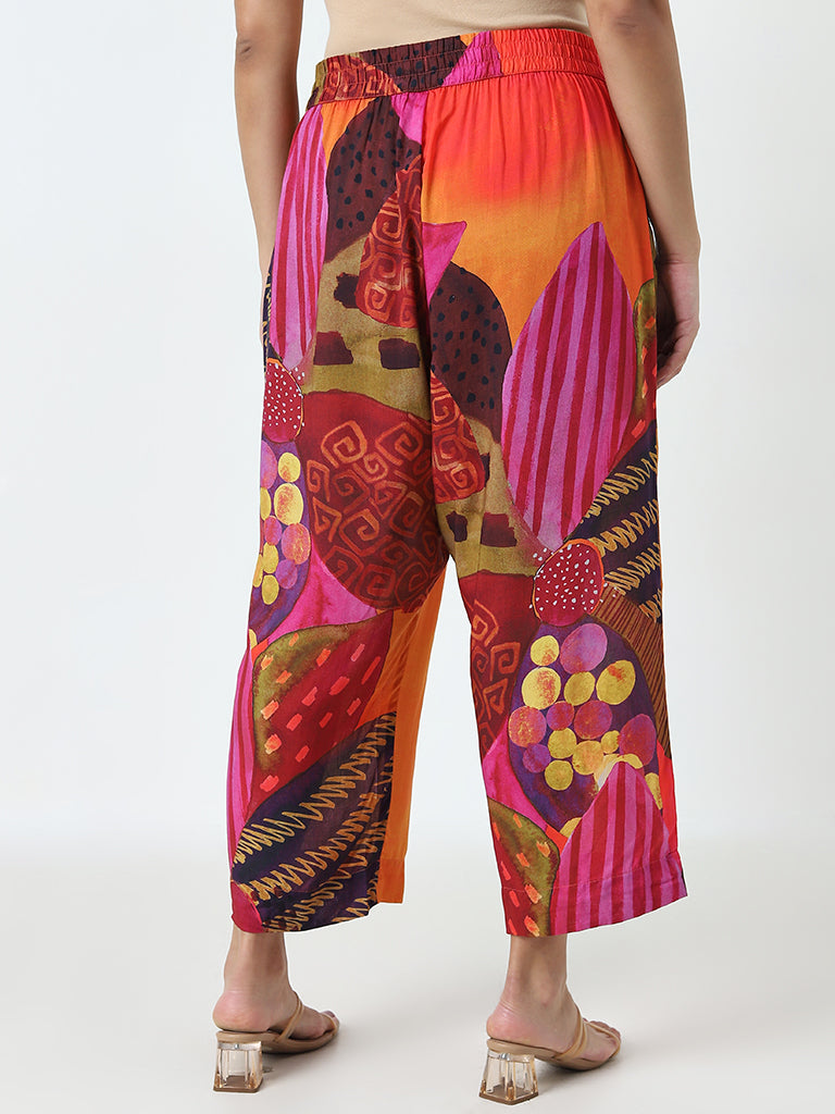 Diza Orange Tropical Printed High-Rise Palazzos