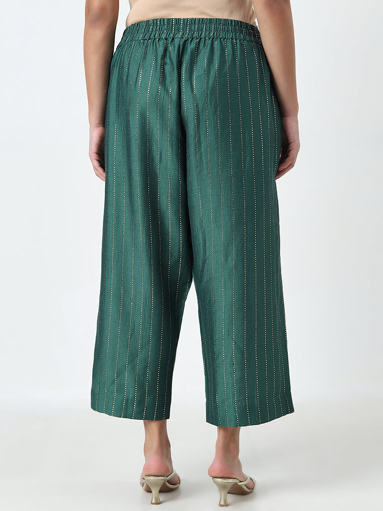 Diza Dark Green Striped Printed High-Rise Ethnic Pants