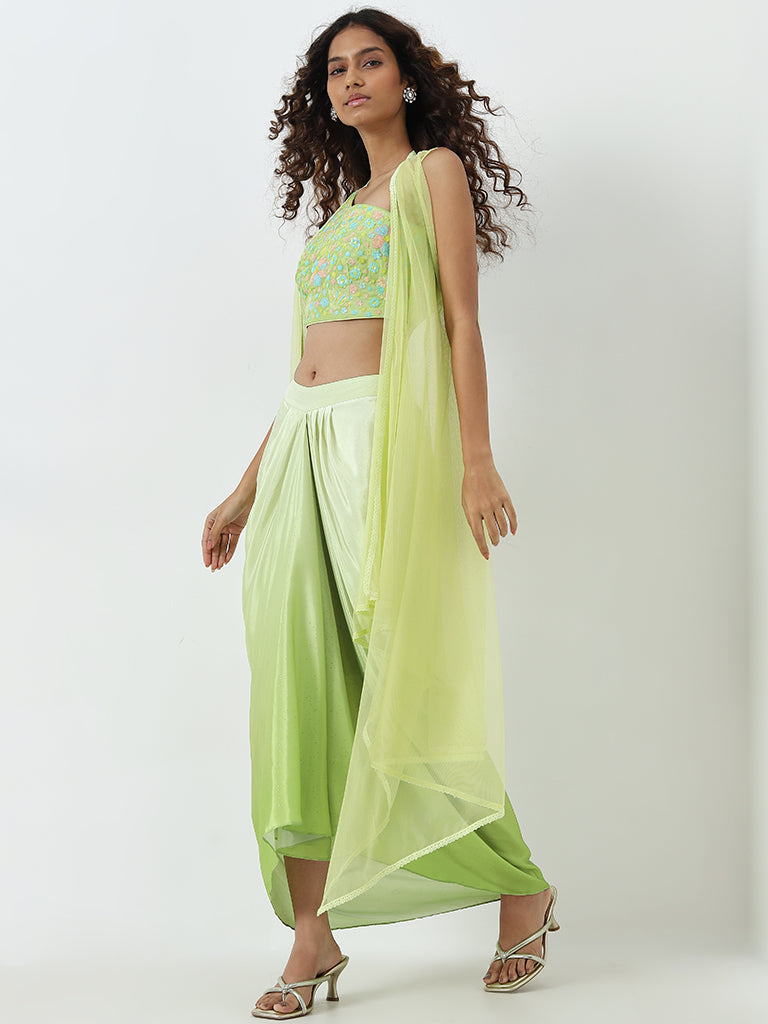 Vark Light Green Floral Embellished Blouse, Skirt and Shrug Set