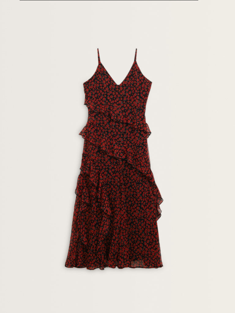 LOV Red Ruffled Floral A-Line Dress