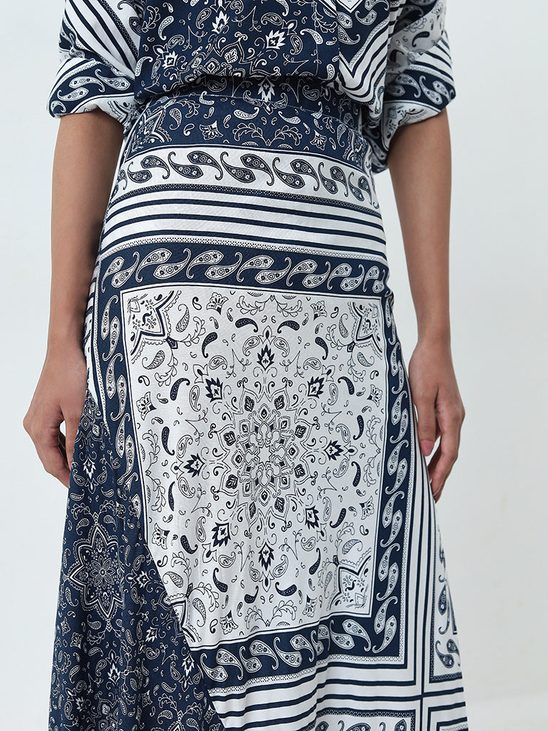 LOV Navy Paisley Printed High-Rise Skirt