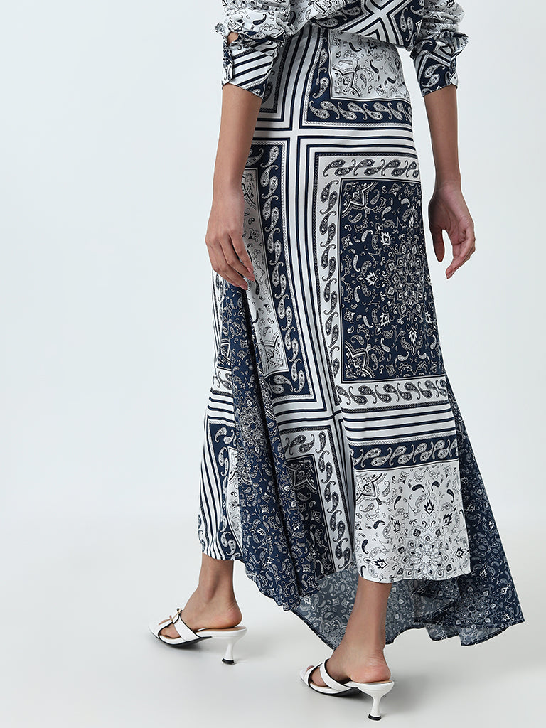 LOV Navy Paisley Printed High-Rise Skirt