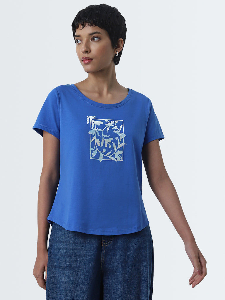 LOV Blue Floral Printed Cotton T-Shirt