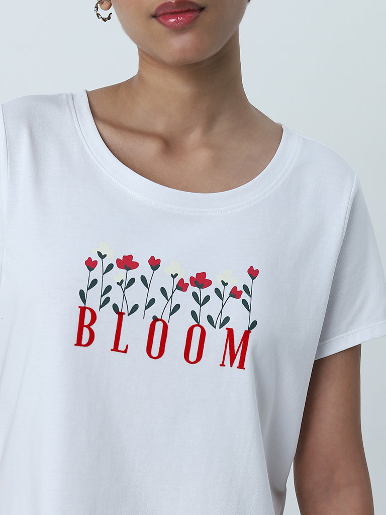 LOV White Text Printed Cotton T-Shirt