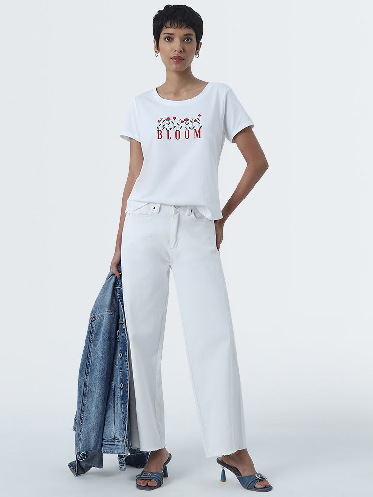 LOV White Text Printed Cotton T-Shirt