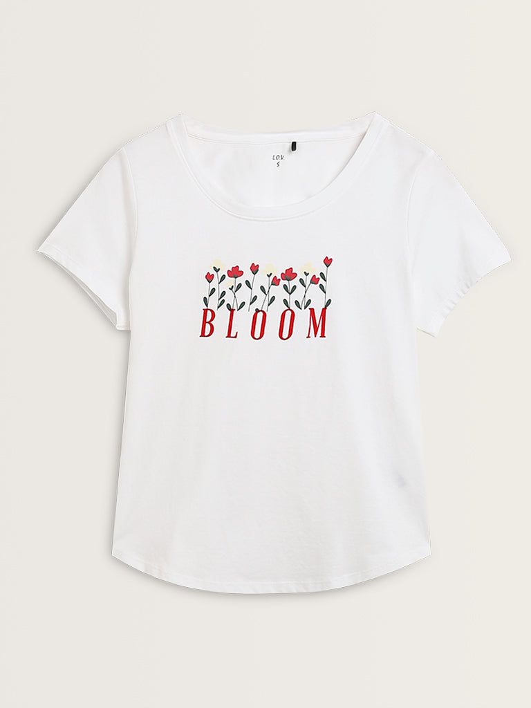 LOV White Text Printed Cotton T-Shirt