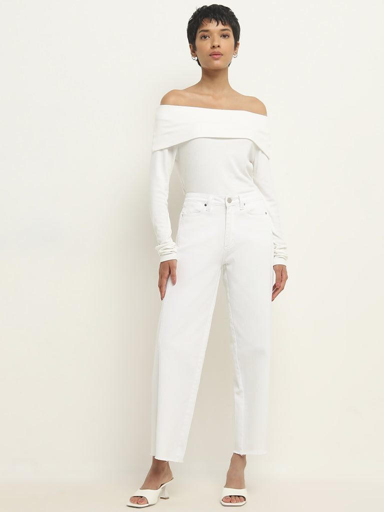 LOV White Ribbed Textured Off-Shoulder Top