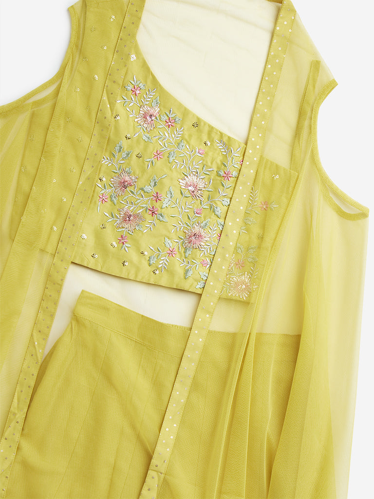 Utsa Kids Yellow Floral Embroidered Top with Palazzos and Shrug Set (8-14 yrs)