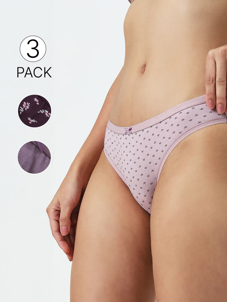 Wunderlove Violet Cotton Blend Bikini Briefs - Pack of 3