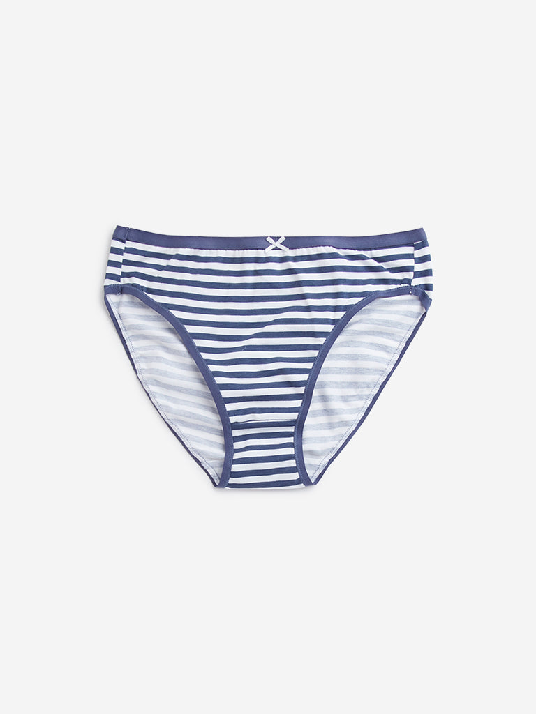 Wunderlove Blue Striped Cotton Blend Hi-Leg Briefs - Pack of 3