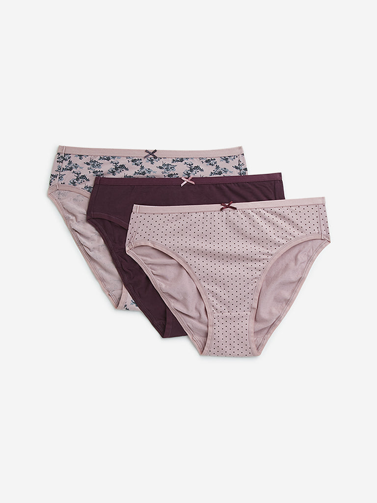 Wunderlove Burgundy Hi-Leg Cotton Blend Briefs - Pack of 3