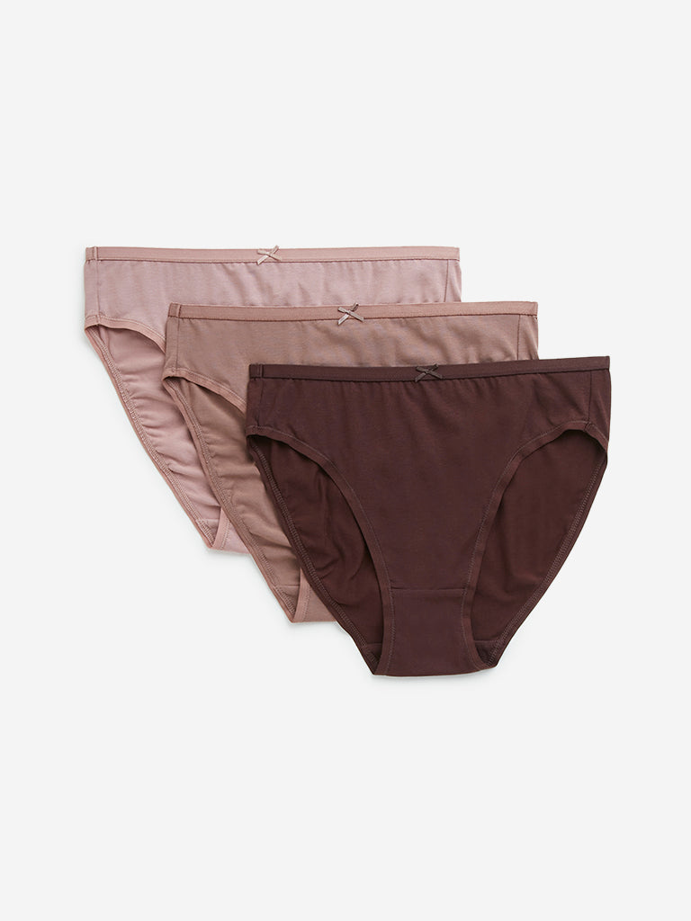 Wunderlove Brown Solid Cotton Blend Hi-Leg Briefs - Pack of 3