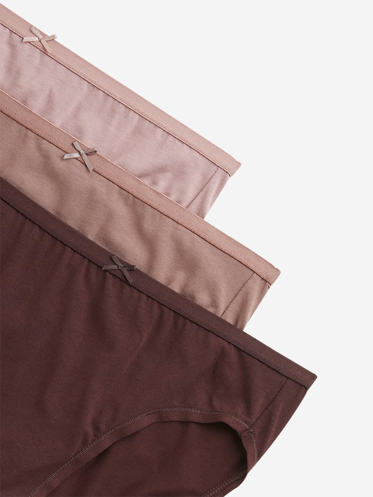 Wunderlove Brown Solid Cotton Blend Hi-Leg Briefs - Pack of 3