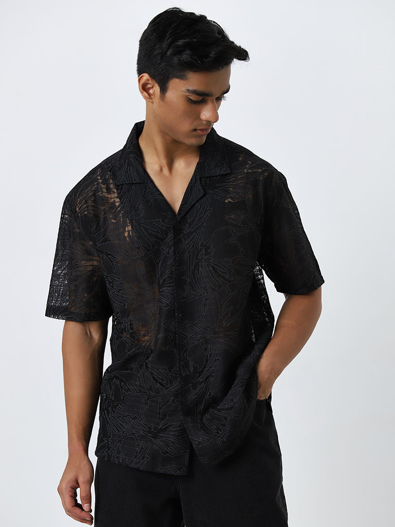 Nuon Black Floral Pattern Relaxed-Fit Mesh Shirt