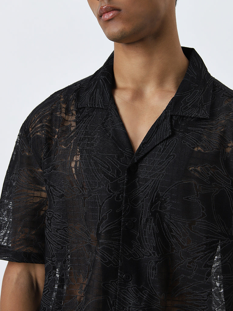 Nuon Black Floral Pattern Relaxed-Fit Mesh Shirt