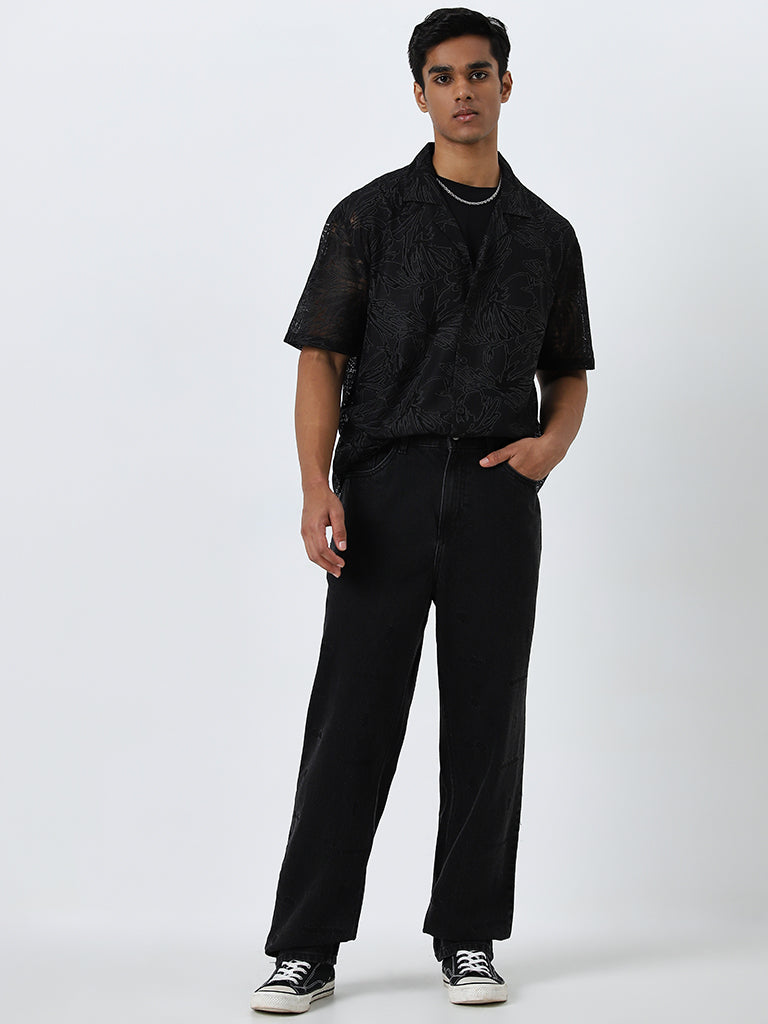 Nuon Black Floral Pattern Relaxed-Fit Mesh Shirt