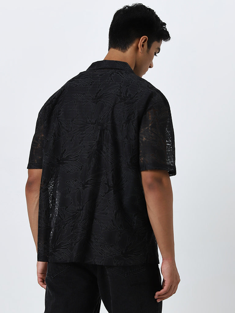 Nuon Black Floral Pattern Relaxed-Fit Mesh Shirt