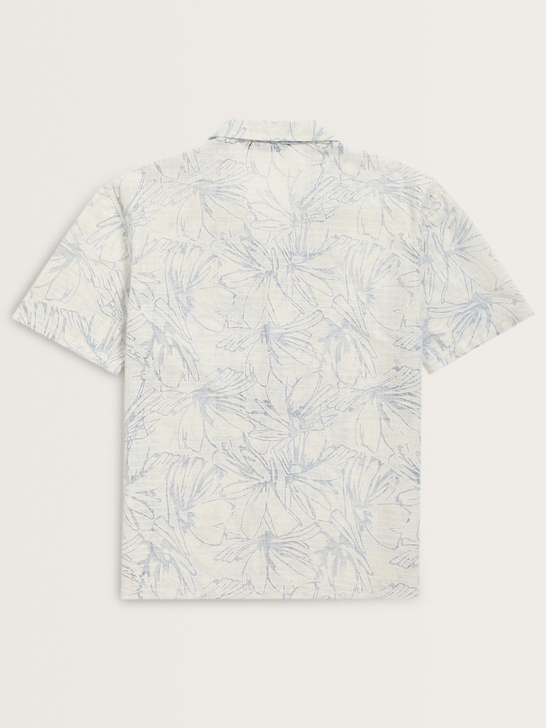 Nuon White Floral Pattern Relaxed-Fit Shirt